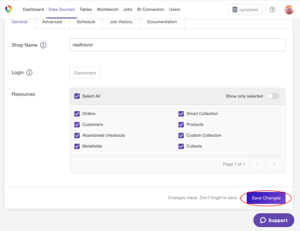 A screenshot of the types of Shopify data available to sync with Panoply. Options include orders, customers, abandoned checkouts, metafields, smart collection, products, custom collection, and collects.