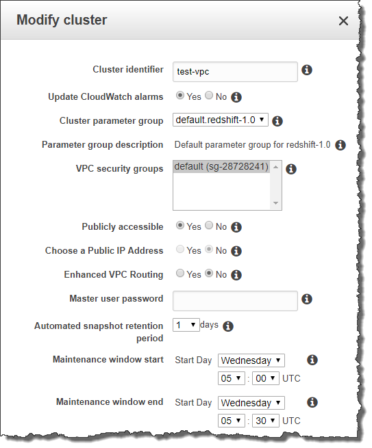 Modify Cluster window